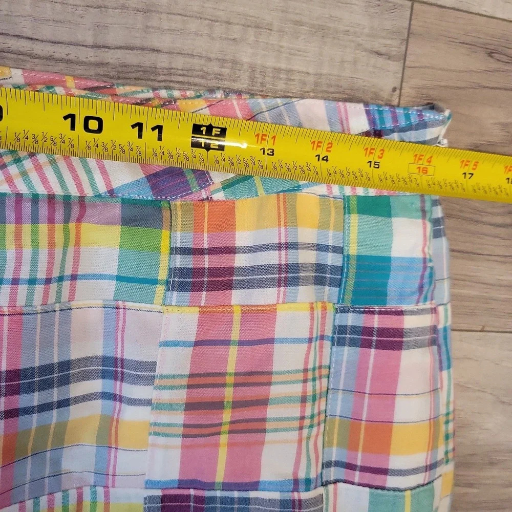 Talbots Sz 10P Madras Plaid Patchwork Cotton Lined Skirt Lace-Up Side Slit